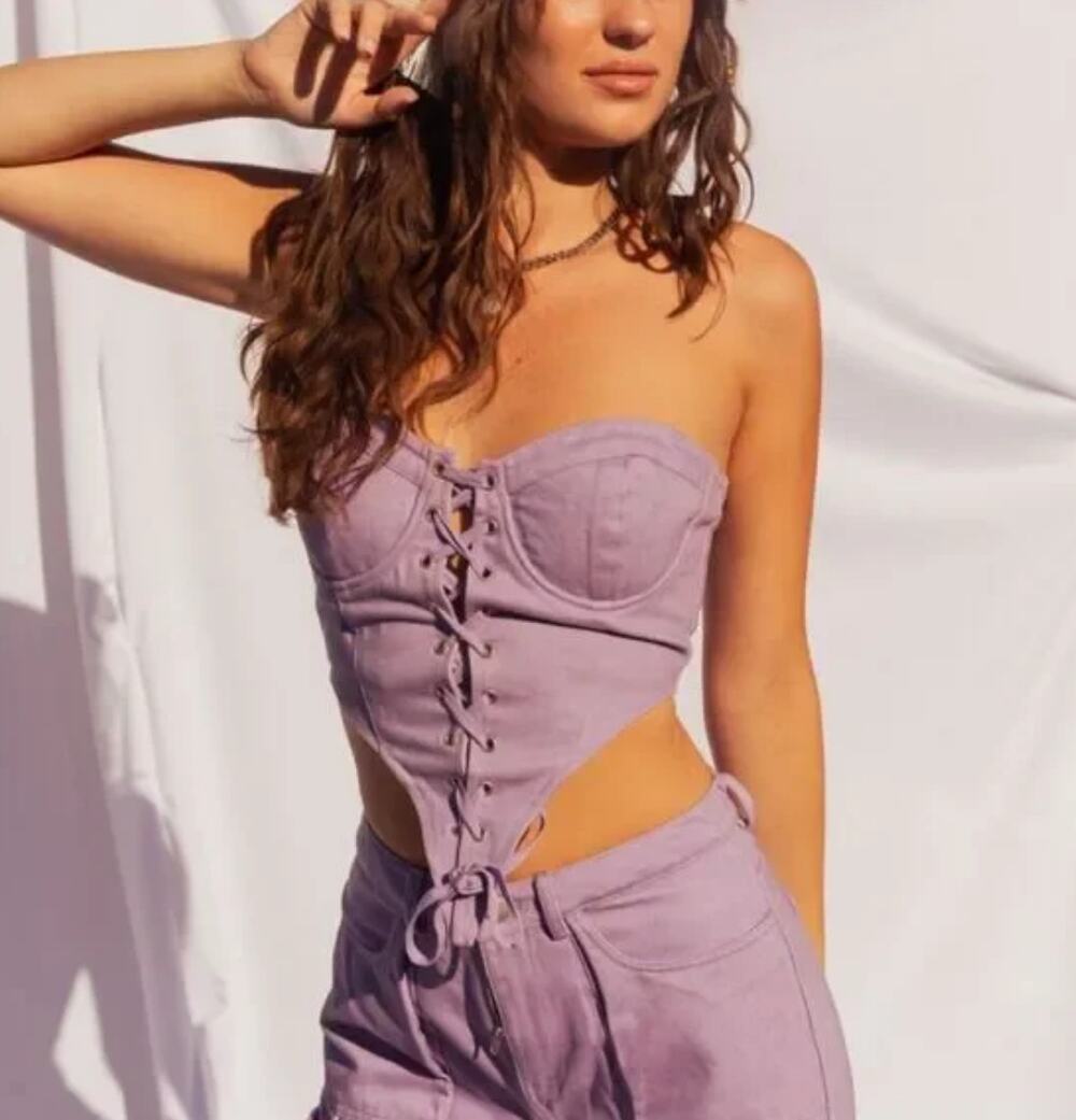 Lelis Denim Corset Top XS Lilac Purple Lace Up Bustier Coquette Fairycore Y2K